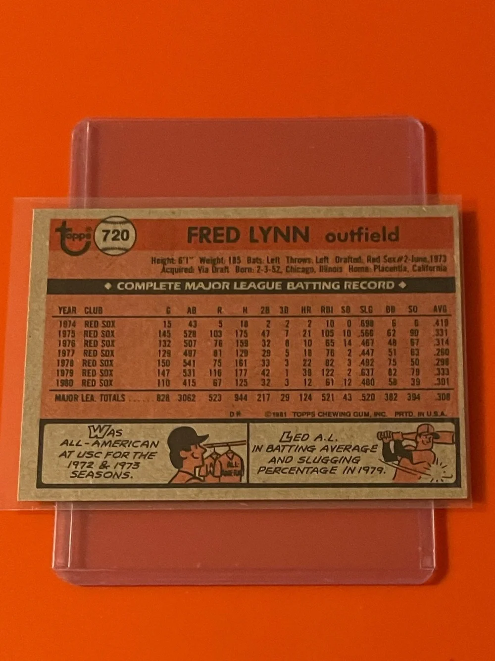 Fred Lynn #720 [A.L. All-Star] 1981 Topps Baseball Trading Card